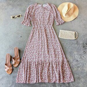 Reformation Mayfield Dress in Chocolatier Brown White Floral Midi Ruffle Dress